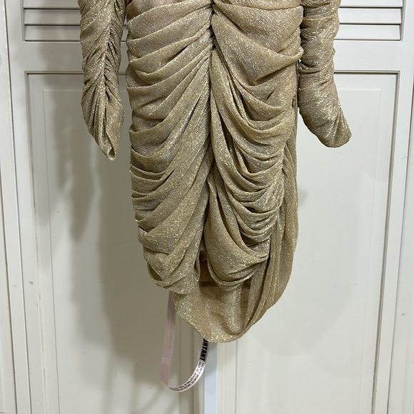 NWT House of CB Felicity Gold Ruched Mesh Off Shoulder Dress L+ - Picture 14 of 14